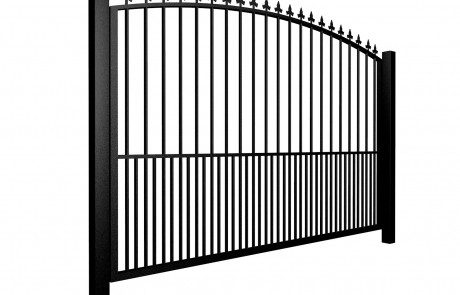 Metal arch top sliding automated gate with finials and dog bars