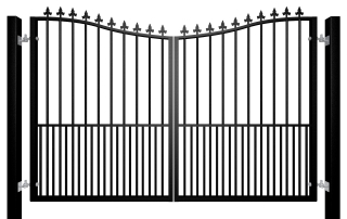 Metal bow top swinging automated driveway gate with finials and dog bars