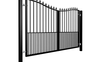 Metal bow top swinging automated gate with finials and dog bars