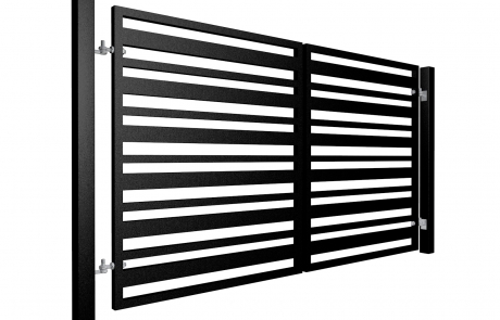 Contemporary, Alternating Width Vertical Box Section Metal Swinging Gate