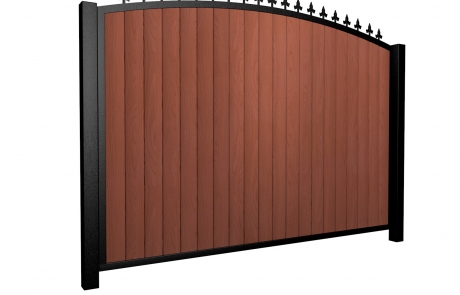 Sliding wood fill metal framed arch top gate with finials