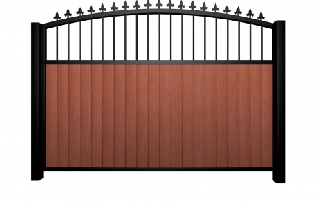 Sliding wood fill metal framed open bell top gate with finials