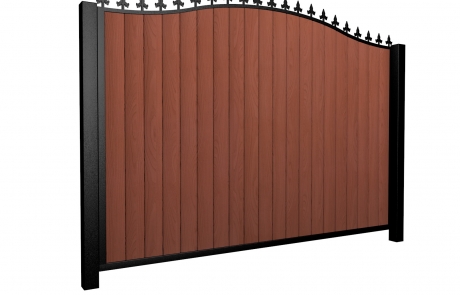 Sliding wood fill metal framed bell top gate with finials