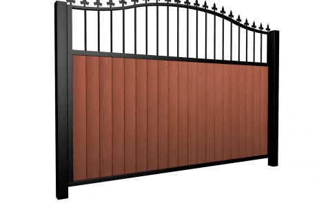Sliding wood fill metal framed open bell top driveway gate with finials