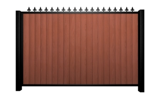 Sliding wood fill metal framed flat top gate with finials