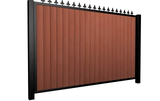 Sliding wood fill metal framed flat top driveway gate with finials