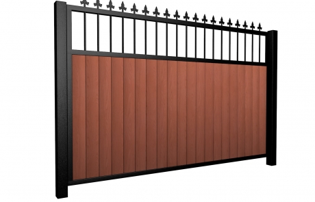 Sliding wood fill metal framed flat open top gate with finials