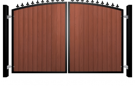 metal framed wood fill arch top automated gate with finials