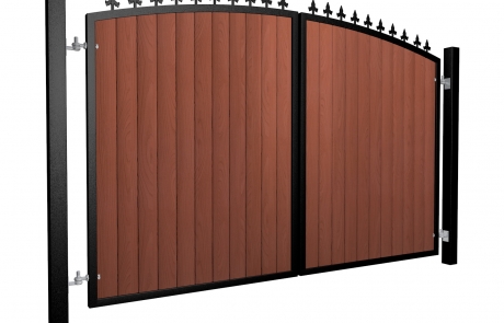 metal framed wood fill arch top automated gate with finials