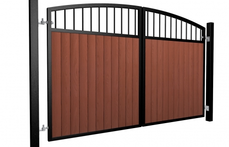 metal framed wood fill open arch top automated gate