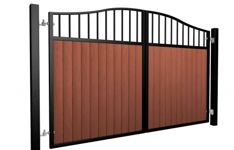 metal framed wood fill open bars bell top automated electric gate