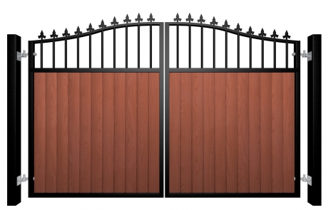 metal framed wood fill open bars bell top automated gate with finials