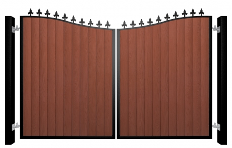 metal framed wood fill bow top automated gate with finials