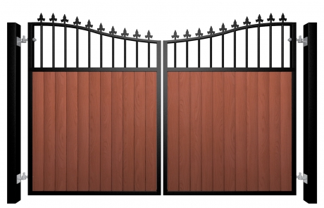 metal framed wood fill bow top automated gate with finials