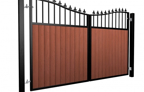 metal framed wood fill bow top automated electric gate with finials