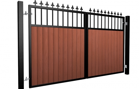 metal framed wood fill flat open top automated gate with finials