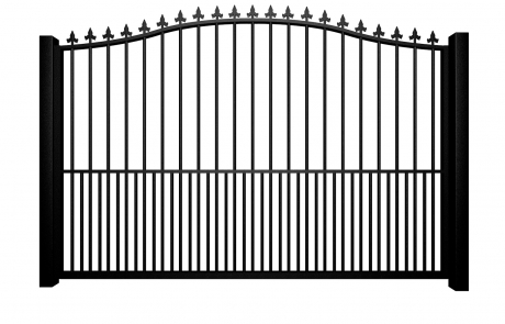 Metal bell top sliding automated gate with finials and dog bars