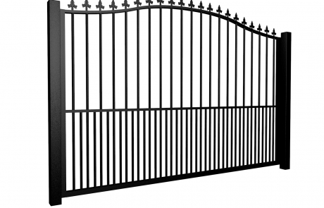 Metal bell top sliding automated driveway gate with finials and dog bars
