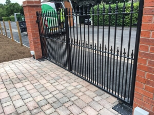 steel swinging straight top metal gates with finials
